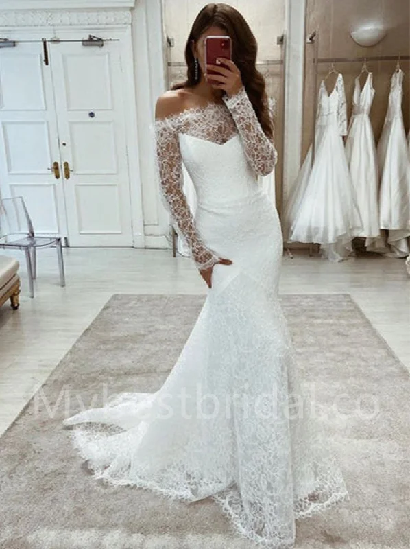 Elegant Off shoulder Long sleeves Mermaid lace applique Wedding Dresses, WDY0288 Simple Satin Gown Elegant Off shoulder Long sleeves Mermaid lace applique Wedding Dresses, WDY0288 Simple Satin Gown