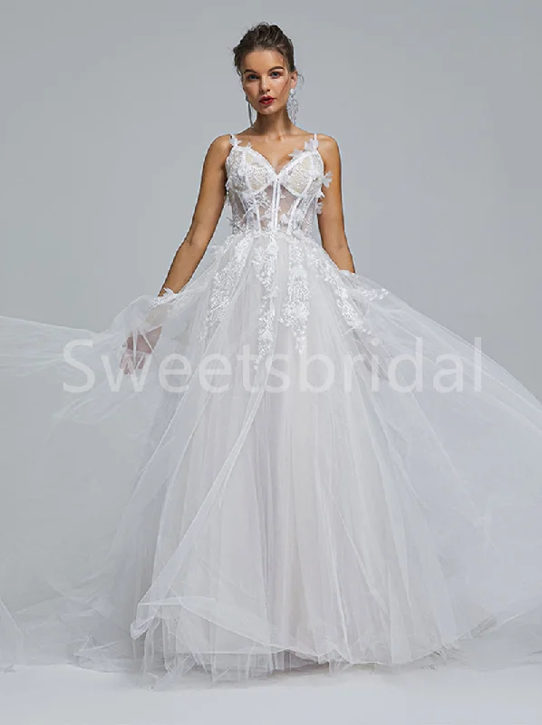 Elegant Spaghetti straps V-neck A-line Lace applique Wedding Dresses, DB0262 Modern Wedding Gown