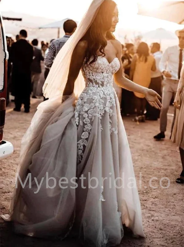 Elegant Sweetheart Sleeveless A-line lace applique Wedding Dresses, WDY0286 Satin Wedding Dress