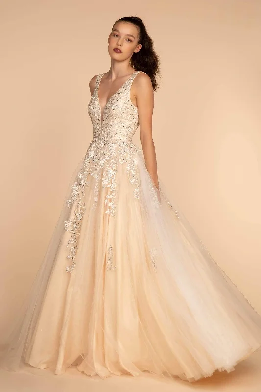 GLS by Gloria - GL2529 Plunging V-Neck Trailing Blossom Gown Boho Chic Gown
