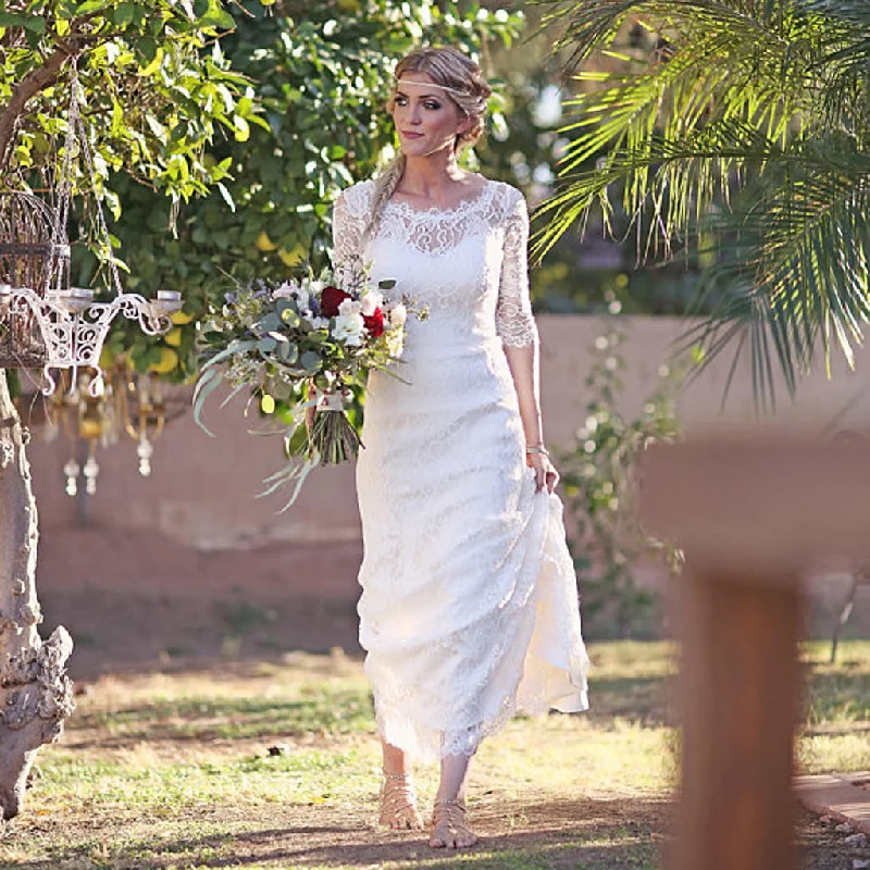 Gorgeous Lace Half Sleeve Long Mermaid Open-Back Wedding Dresses, KX763 Boho Chic Gown