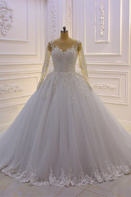 Gorgeous Long A-Line Bateau Pearl Tulle Appliques Lace Wedding Dress with Sleeves Glamorous Wedding Dress