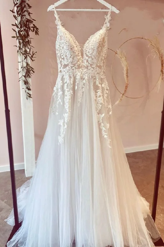 Long A-Line Tulle Sweetheart Appliques Lace Wedding Dress Empire Waist Dress