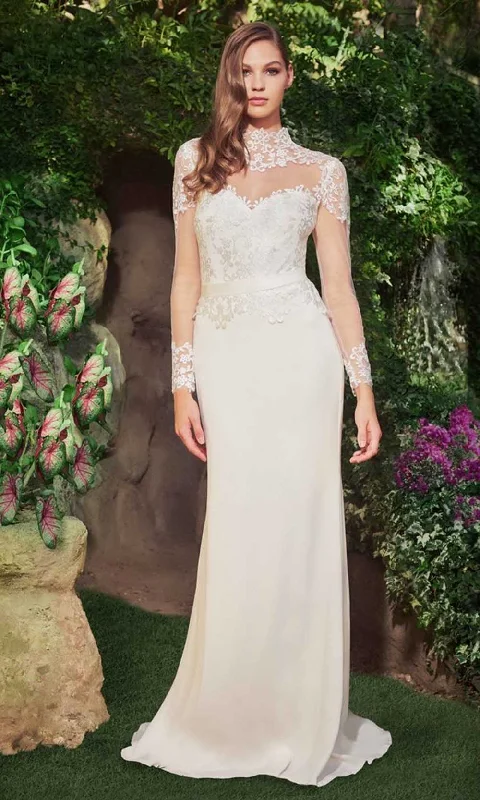 Tadashi Shoji - Lace Applique Illusion High Neck Long Dress White Lace Gown
