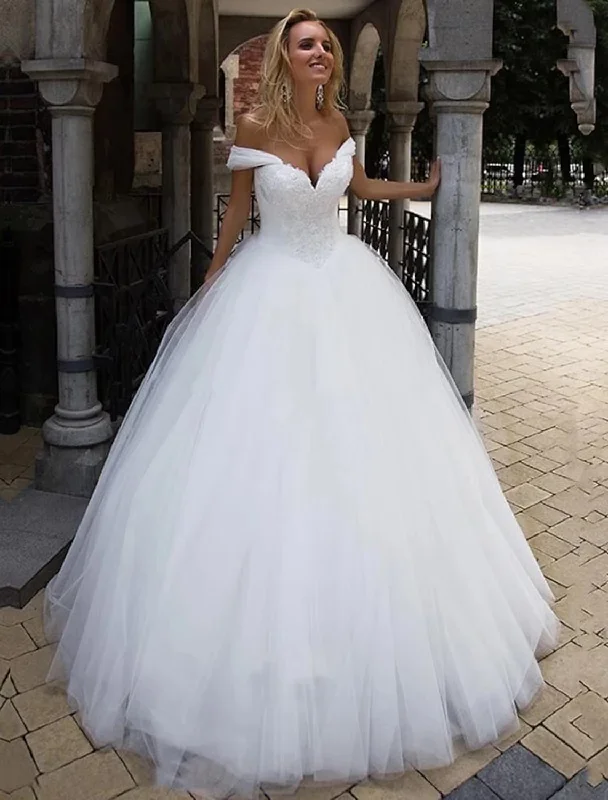 Wedding Dresses Chapel Train Ball Gown Short Sleeve Off Shoulder Tulle With Wedding Dress Set Wedding Dresses Chapel Train Ball Gown Short Sleeve Off Shoulder Tulle With Wedding Dress Set