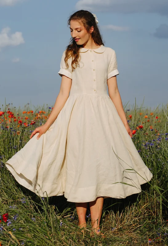 Classic Dress, Short Sleeve, Hemp, Milky White A-line midi dresses