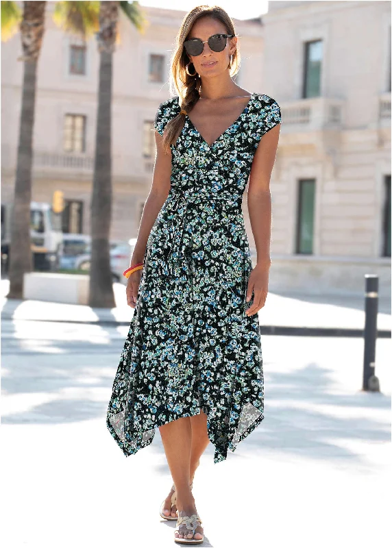 Floral Printed Dress - Black & Blue Fashion-forward midi dresses