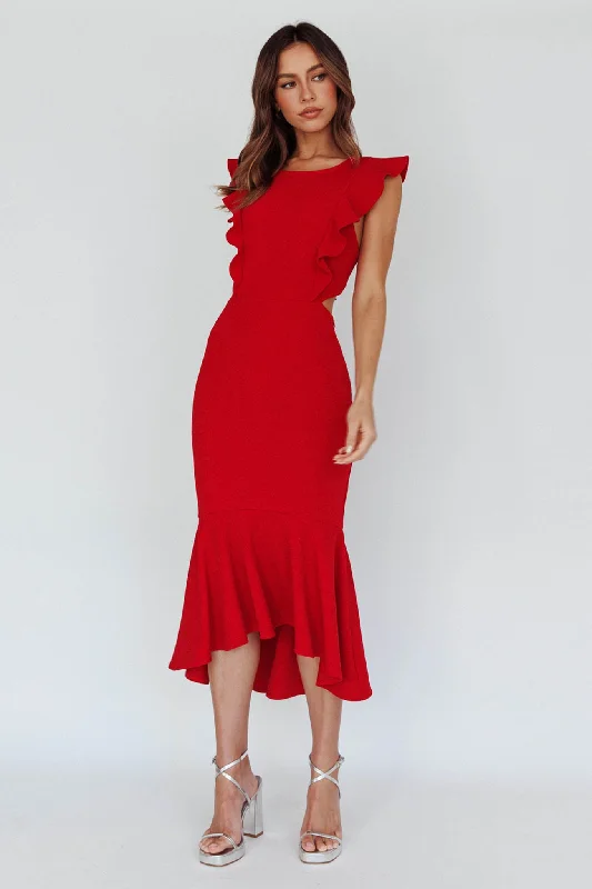 Jackie Wide Ruffle Hem Pinafore Midi Dress Red Leather midi dresses