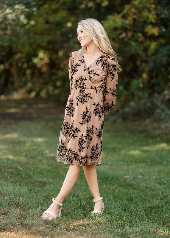 Long Sleeve Velvet Floral Print Midi Dress Designer midi dresses