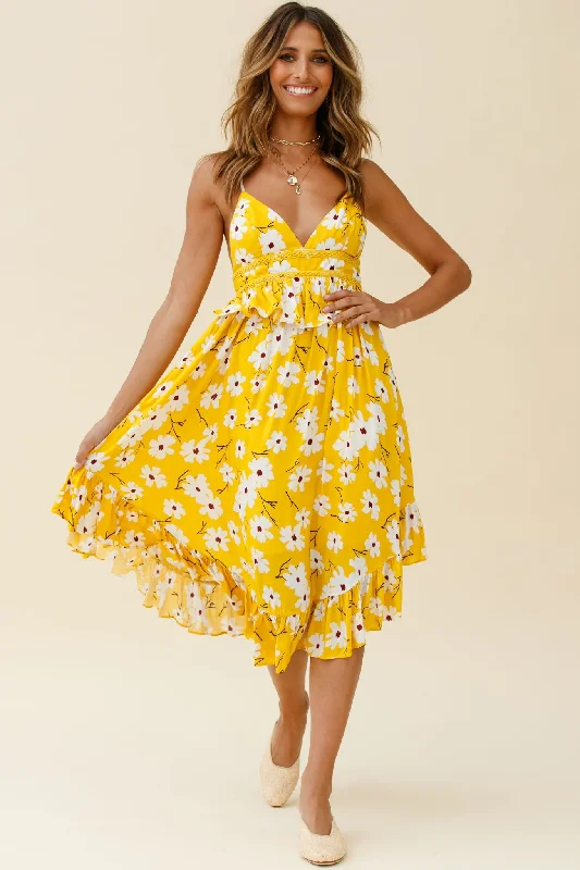 Marigold Peplum Midi Ruffle Dress Floral Print Yellow Affordable midi dresses