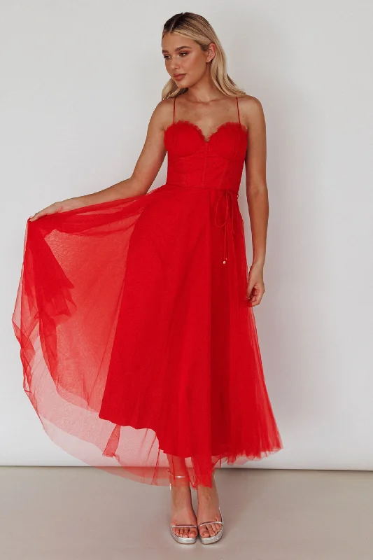 Smitten Sweetheart Neckline Chiffon Midi Dress Red Off-shoulder midi dresses