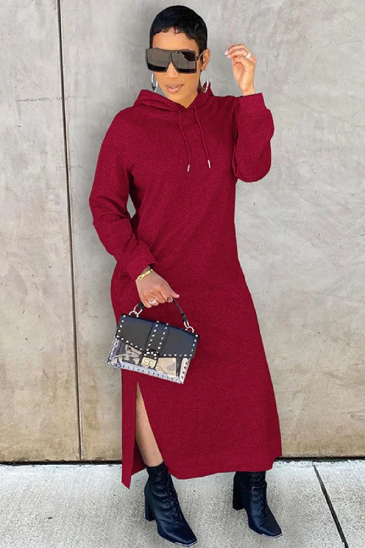 TastyHottie - Solid Slit Hem Hoodie Dress Edgy midi dresses