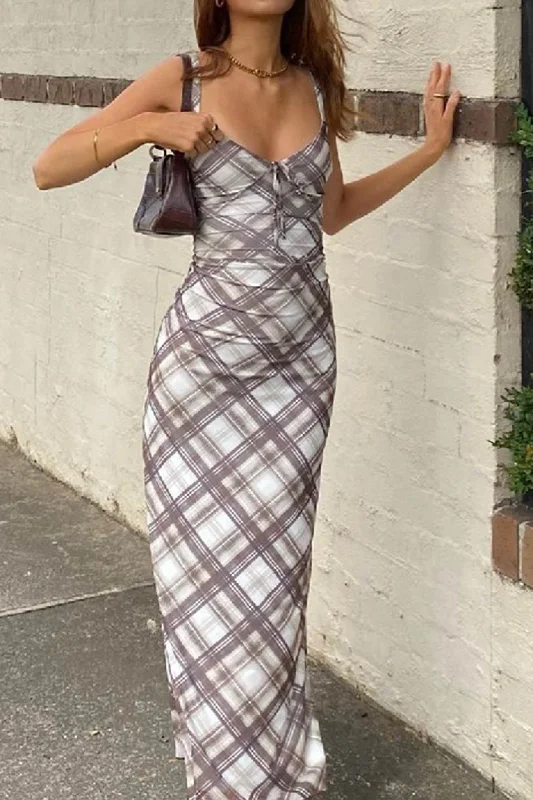 Vintage Contrast Plaid Strappy Cami Dress Beach midi dresses