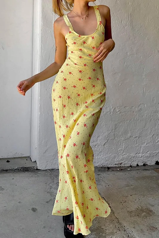 Yellow Scoop Neck Floral Tank Dress Sexy little black midi dresses