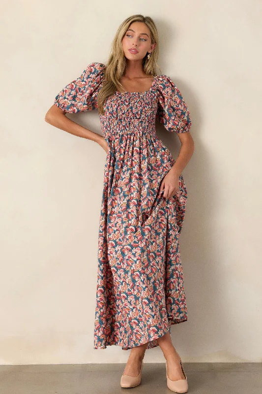 Afternoon Delight 100% Cotton Teal Floral Maxi Dress Preppy maxi dresses