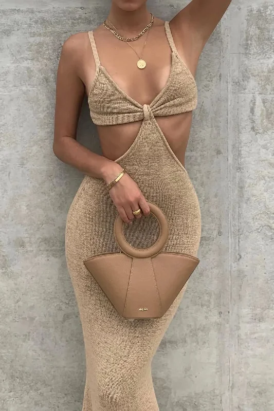 Beige Front Tie Cut Out Backless Knitted Maxi Dress Holiday maxi dresses
