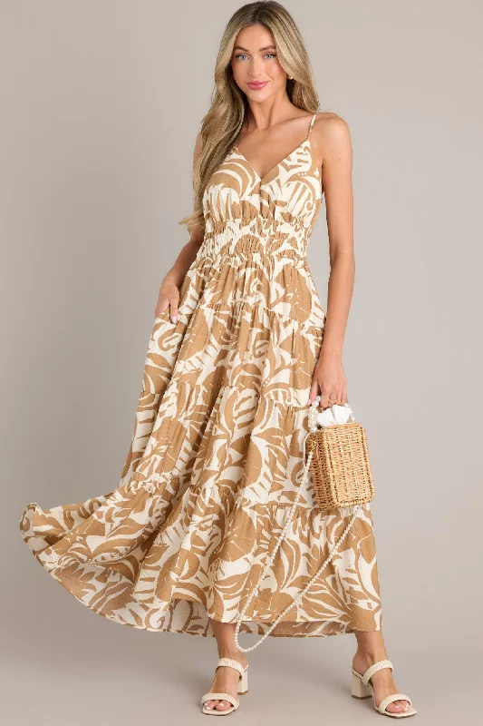 Caribbean Dream Tan Tropical Print Maxi Dress Edgy maxi dresses