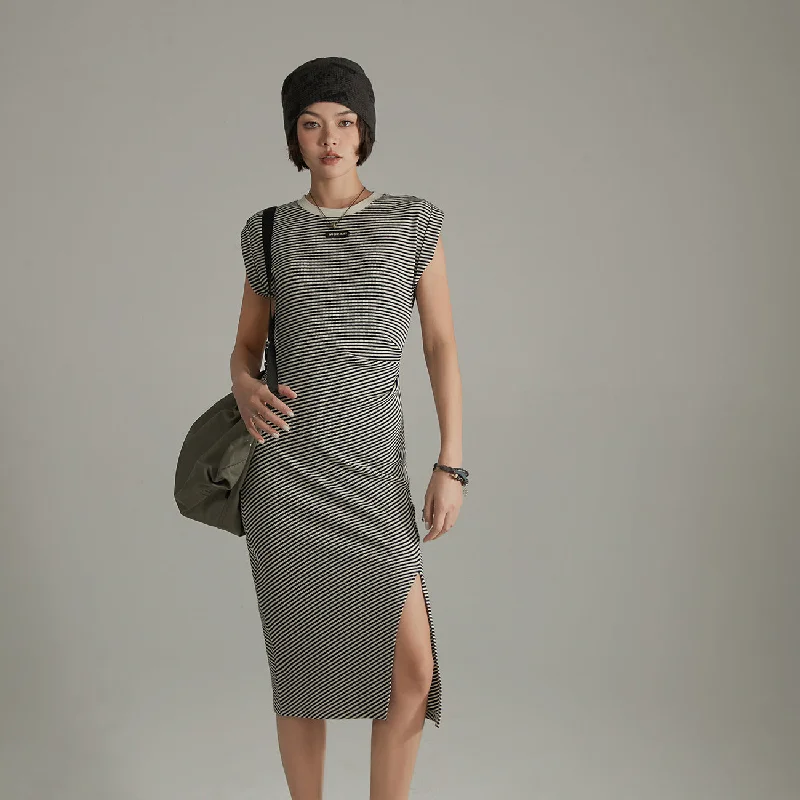 Short Sleeve Slit Stripe Long Dress Sleeveless maxi dresses