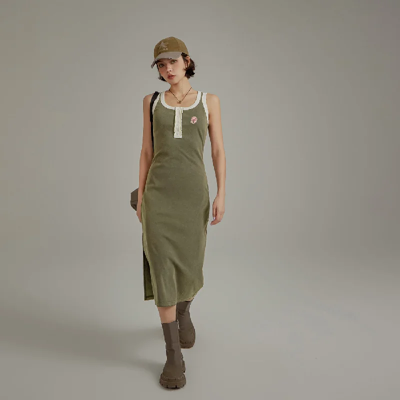 Contrast Color Button Slit Sleeveless Long Dress Anniversary maxi dresses