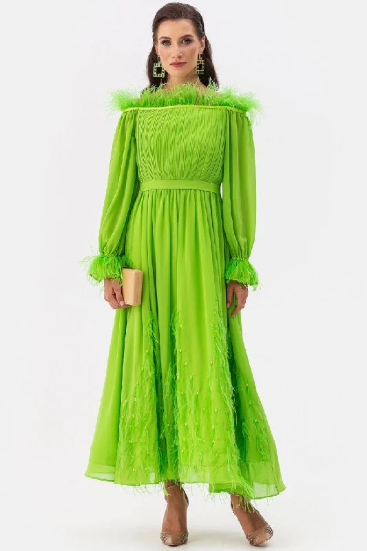 Fairytale Feather Trim Off Shoulder Pleated Chiffon Evening Maxi Dress - Green New Year's Eve maxi dresses Fairytale Feather Trim Off Shoulder Pleated Chiffon Evening Maxi Dress - Green New Year's Eve maxi dresses
