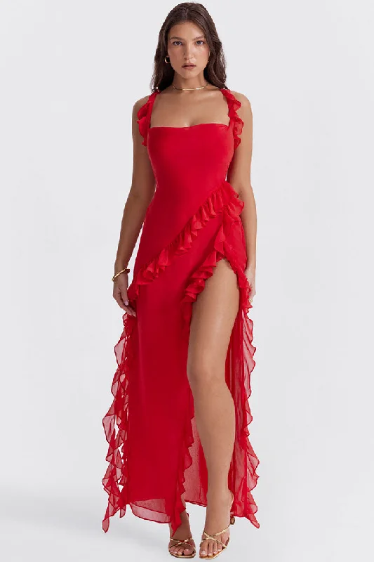Fluttering Sweetheart Sleeveless High Split Draped Ruffle Maxi Dress - Red Clubbing maxi dresses Fluttering Sweetheart Sleeveless High Split Draped Ruffle Maxi Dress - Red Clubbing maxi dresses