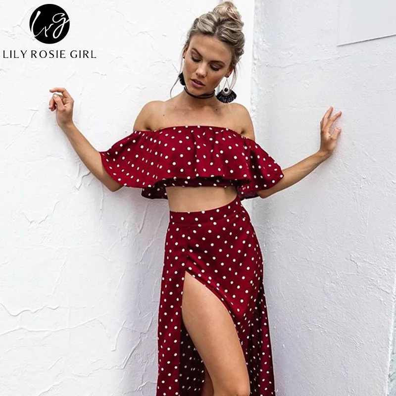 Lily Rosie Girl Women 2018 Off Shoulder Red Vintage Dot Long Dress Summer Maxi Dress Chiffon Ruffle Sexy Beach Dresses Vestidos Vintage maxi dresses