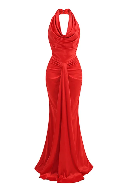 Silky Satin Halter Cowl Neck Draped Ruched Fishtail Evening Maxi Dress Designer maxi dresses
