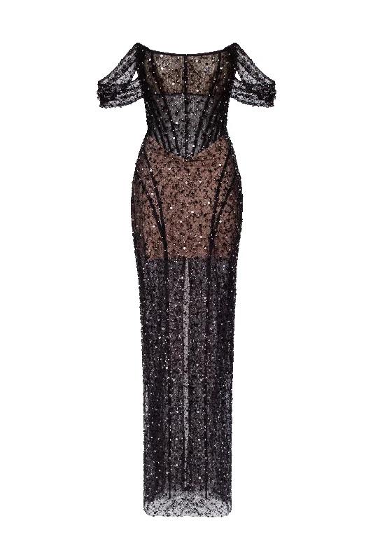 Striking black sequined fitted maxi dress  Cheap maxi dresses