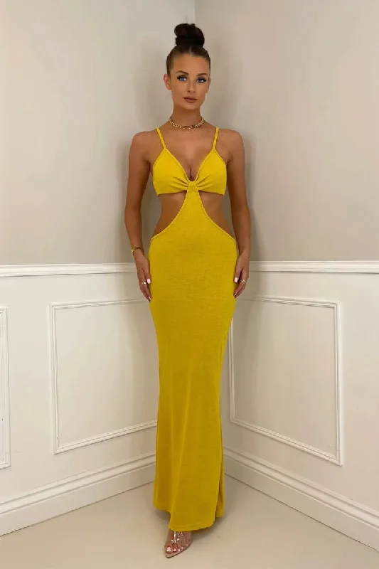 Yellow Front Tie Cut Out Backless Knitted Maxi Dress Beach maxi dresses