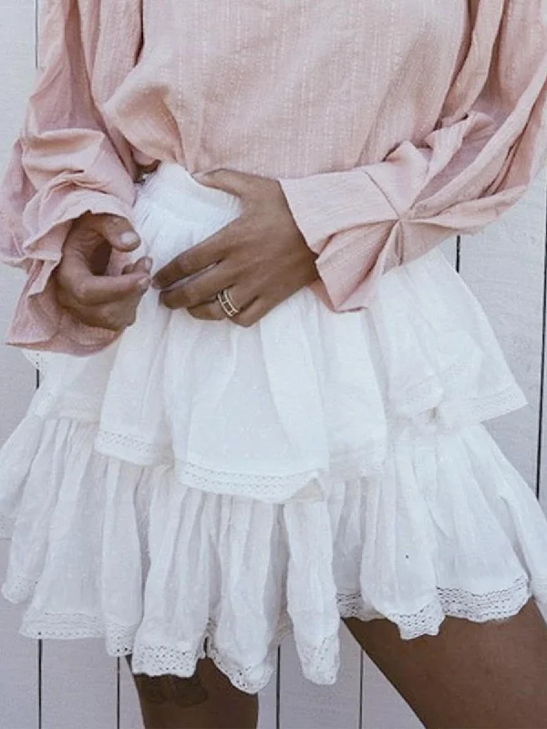 Say Yes Ruffle Lace Short Skirt - White Lace Detail Mini Skirt
