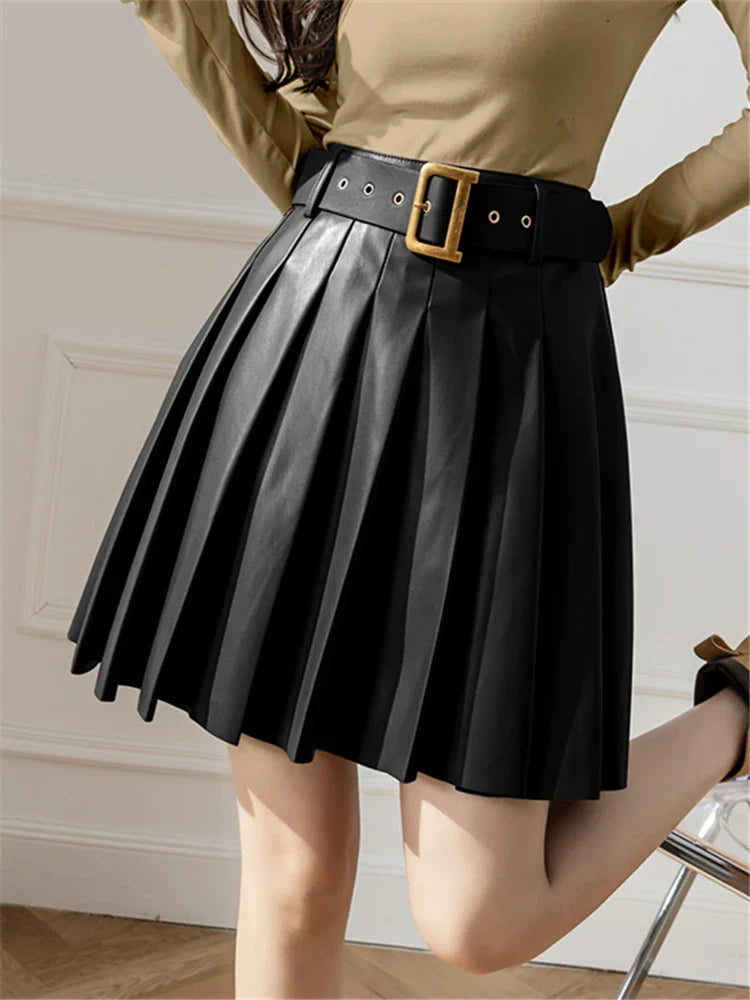 Faux Pleated Women's With Belted 2024 New Sexy Mini Autumn Winter Skirt A-line Mini Skirt Faux Pleated Women's With Belted 2024 New Sexy Mini Autumn Winter Skirt A-line Mini Skirt
