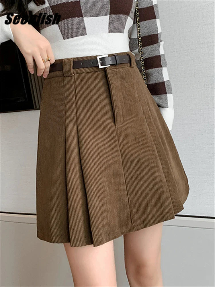 Women Mini Skirts With Belted 2024 New High Waist Classic Pleated Shorts Vintage Pleated Skirt Women Mini Skirts With Belted 2024 New High Waist Classic Pleated Shorts Vintage Pleated Skirt