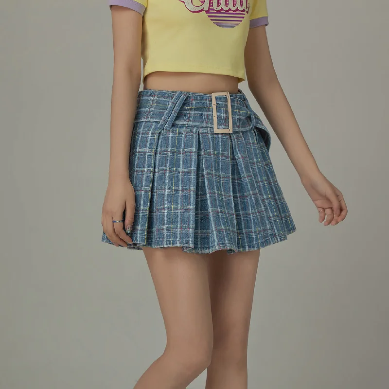 Check Pleated Big Belt Mini Skirt Elegant Mini Skirt