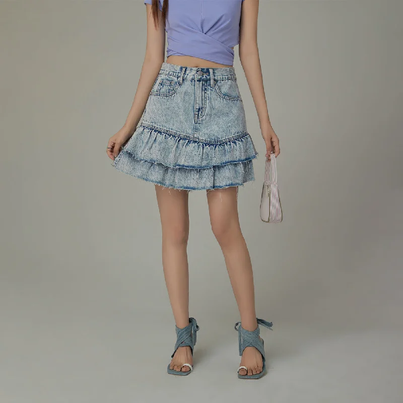 Ruffled Denim Mini Skirt Raw Hem Mini Skirt