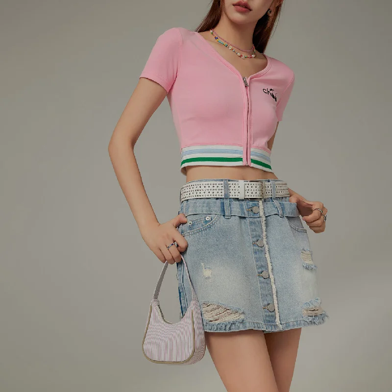 Button-Washed Distressed Denim Mini Skirt Front Pocket Mini Skirt