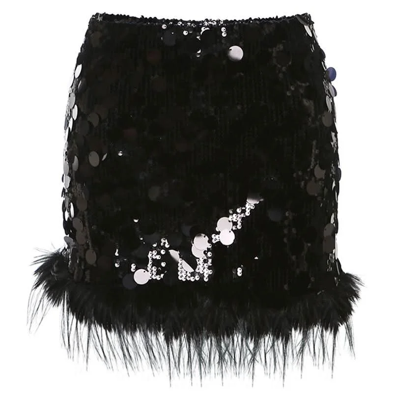 Glitter fluffy A line mini skirt Lace Detail Mini Skirt