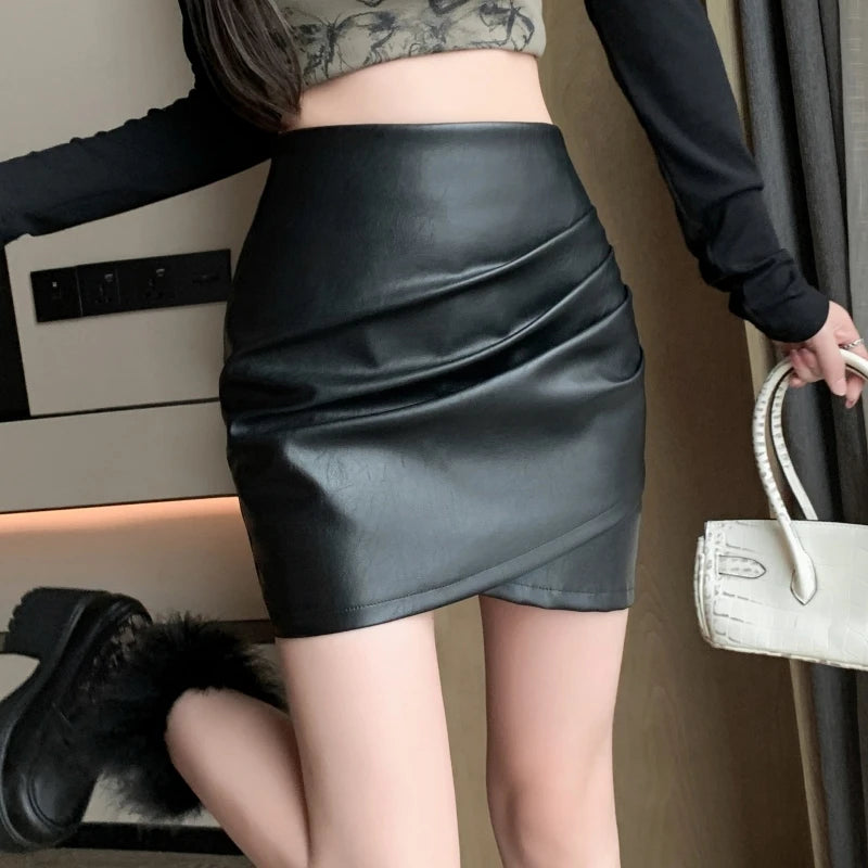 New Summer PU Leather Slim Fit Mini Skirt Bottom Ripped Mini Denim Skirt