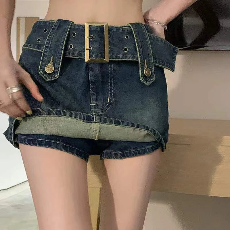 Punk Gothic Club Style Low-Waist Denim Mini Culotte Skirt Bottom Mini Skirt Outfit