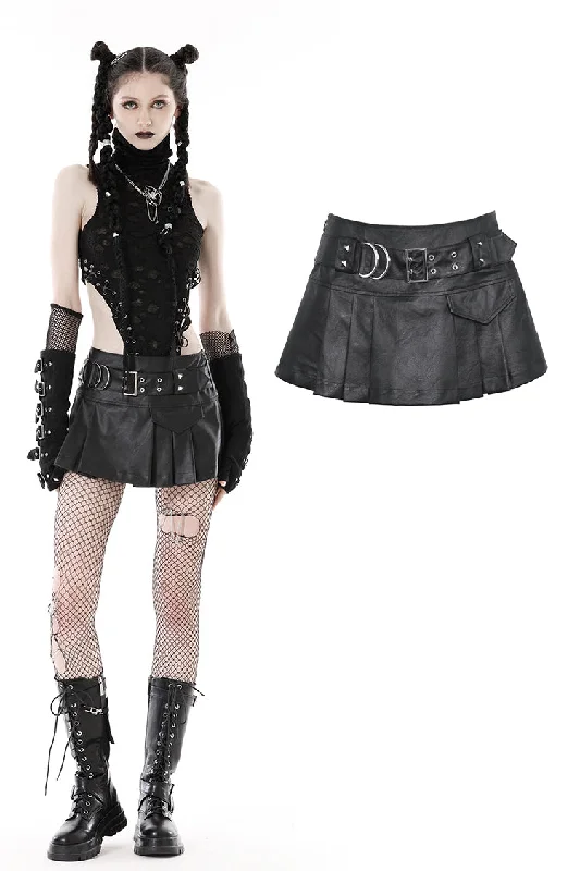 Punk PU metal belt asymmetrical pleated mini skirt KW304 Mini Skirt Look