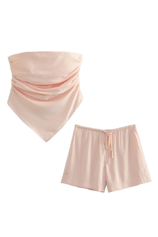'Tonia' Silk Satin Bandeau Scarf Top & Shorts Mini Skirt with Bow