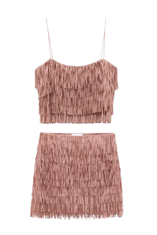 'Yara' Fringe Layered Top & Mini Skirt Mini Skirt with Lace