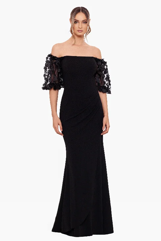 Petite "Melanie" 3D Floral Sleeve Scuba Crepe Gown Ruffled party dresses