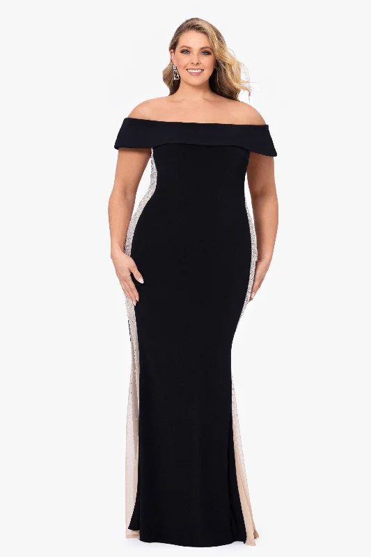 Plus "Brianna" Off the Shoulder Jersey Knit Caviar Beaded Gown Satin party dresses