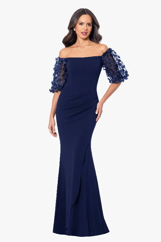 "Melanie" 3D Floral Sleeve Scuba Crepe Gown Best party dresses for hourglass body shape