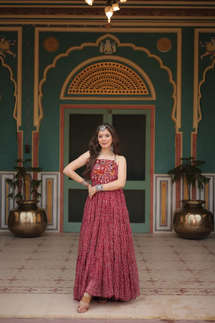 WOMENSAVTAR NAVRATRI SPECIAL BANDHNI PRINT WITH KUTCHI PATCHWORK GOWN Hot new arrivals in party dresses