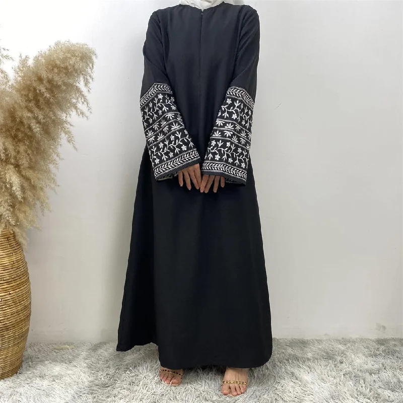 6797#  New Dress Front Zipper Linen Fabric Embroidery Sleeves With Pockets Classy Muslim Islam Ladies Knitted unclassified dresses