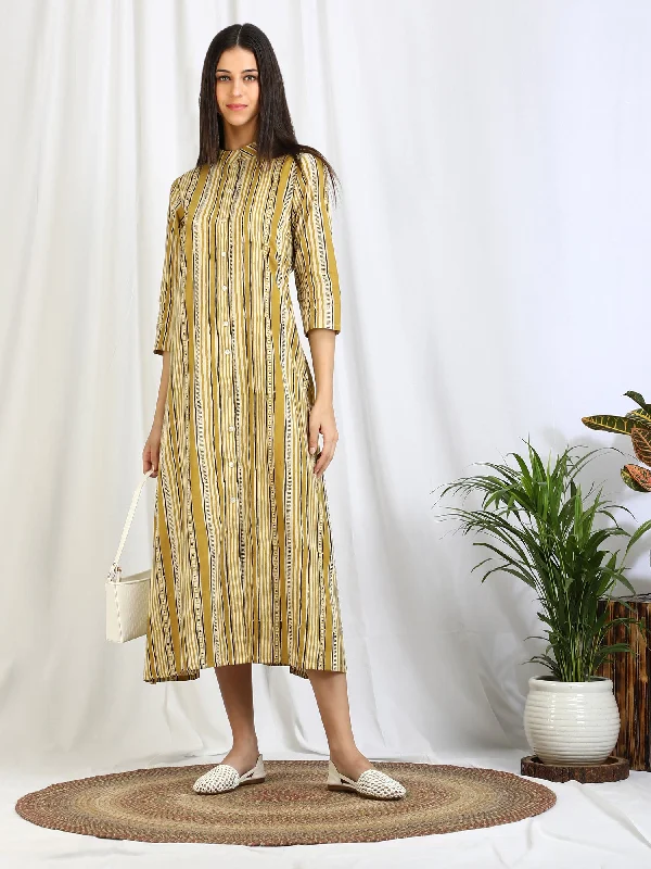Ajrakh Dabu Striped Cotton Button Down 'Jasmine' Dress Cocktail unclassified dresses