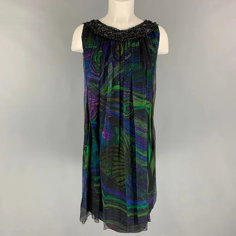 ALBERTA FERRETTI Size 6 Black  Multi-Color Silk Abstract Sleeveless Dress Neutral tone unclassified dresses