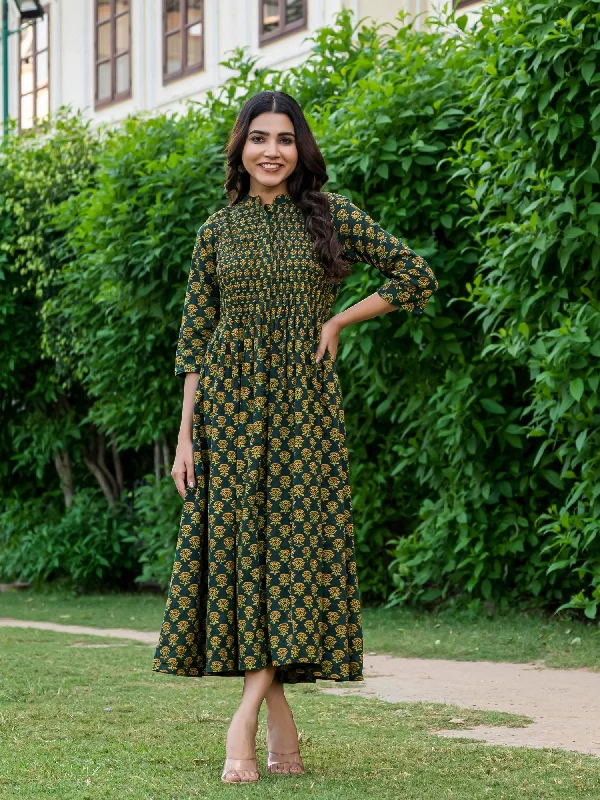 Ameyaa Ajrakh Work Pure Cotton Green Dress Breathable unclassified dresses