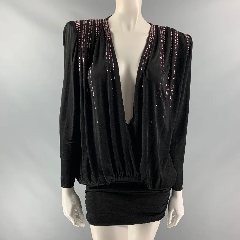ATTICO Size 4 Black Viscose Beaded Deep Neck Dress Striped unclassified dresses